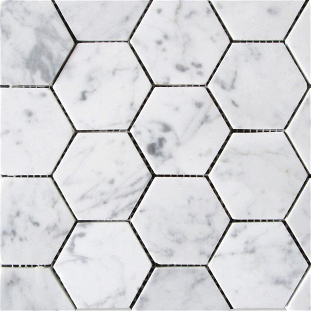 Carrara Marble Hexagon Mosaic Tile Venato Carrera White 3 inch Honed, 1 sheet