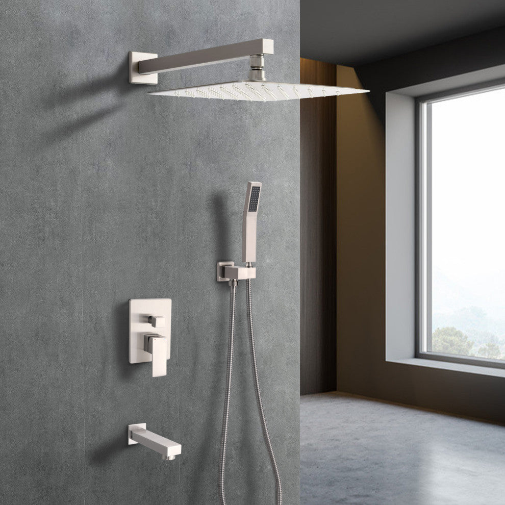 12" Wall Mounted Rainfall Shower System With Tub Spout, Brushed Nickel