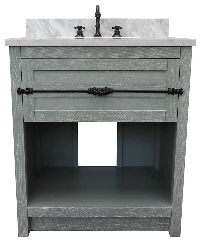 30" Single Vanity, Gray Ash, White Carrara Top, Rectangle Sink
