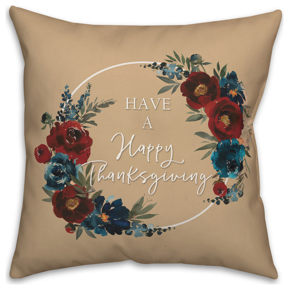 Happy Thanksgiving Floral Wreath 4 18"x18" Spun Poly Pillow