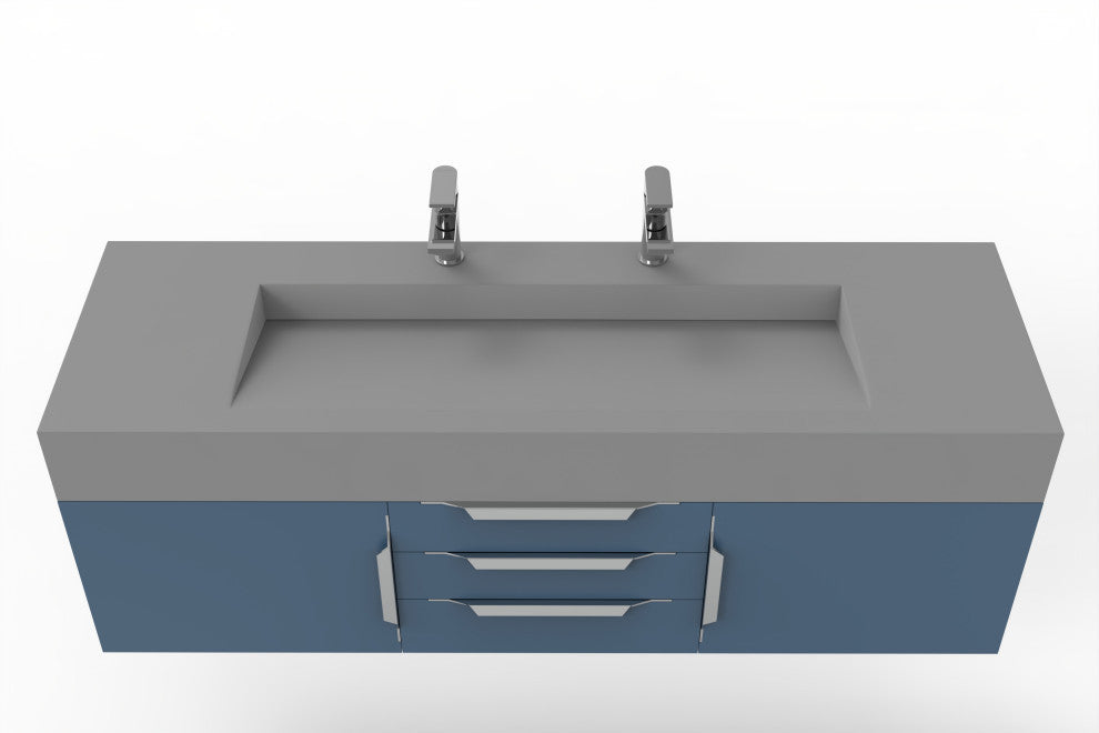 CastelloUSA Nile 60" Wall Mounted Vanity Set, Blue, Gray Top, Brushed Nickel