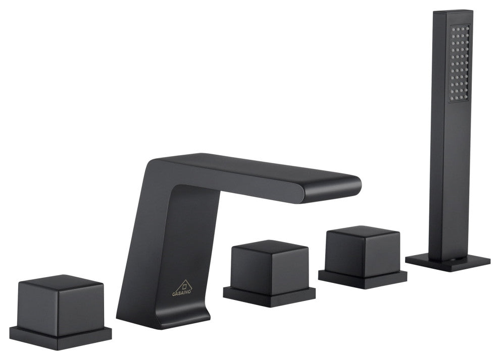 CASAINC Roman 5 Hole Waterfall Faucet Set with Bathtub Handheld Shower Head, Matte Black