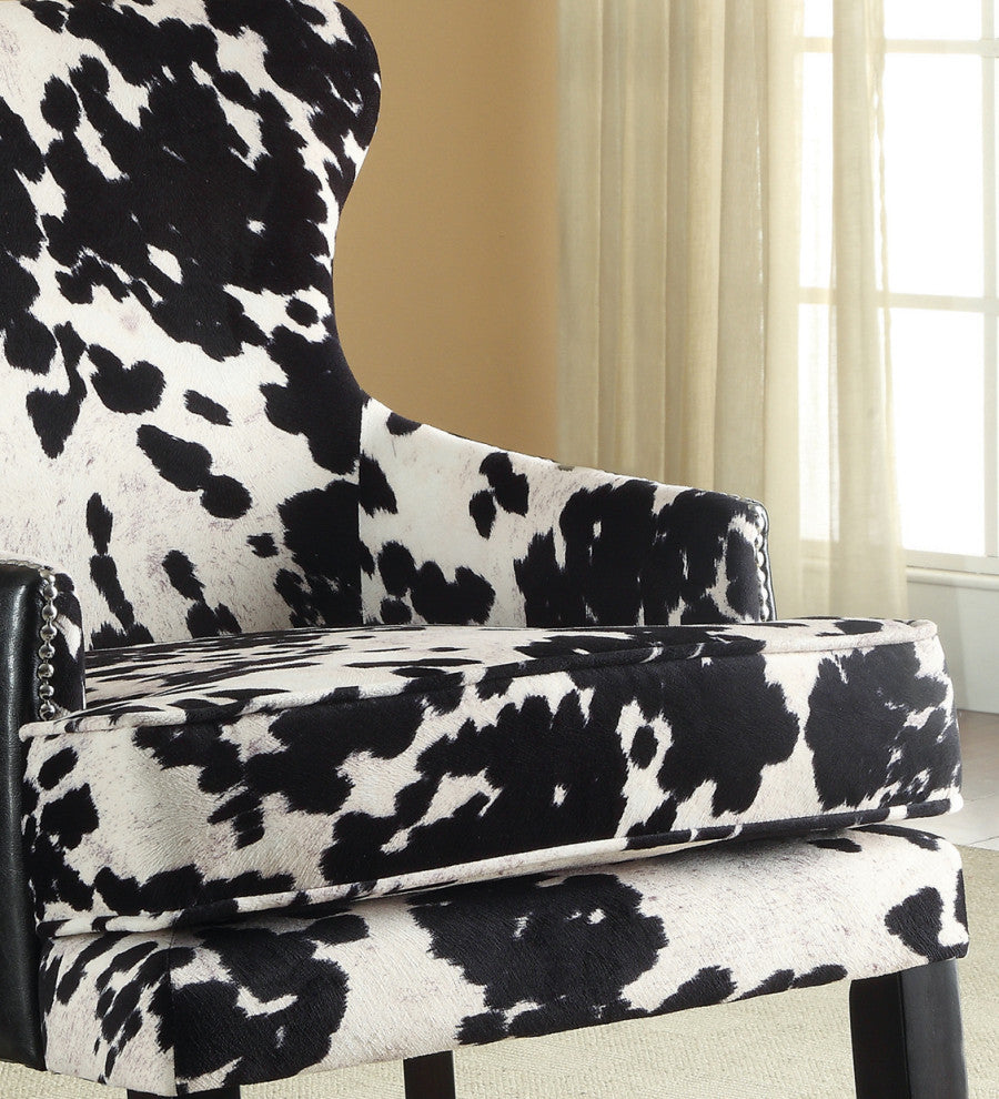 Cowhide Print Accent Chair With Nailhead Trim, Black and White