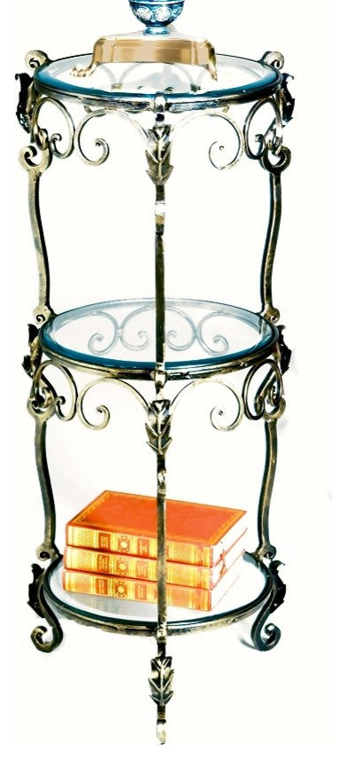 3 Tier Iron Acanthus Leaf Table With Beveled Glass, Bronze