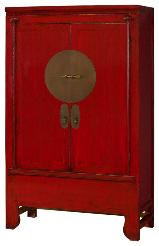 Distressed Elmwood Chinese Ming Wedding Armoire, Distressed Red