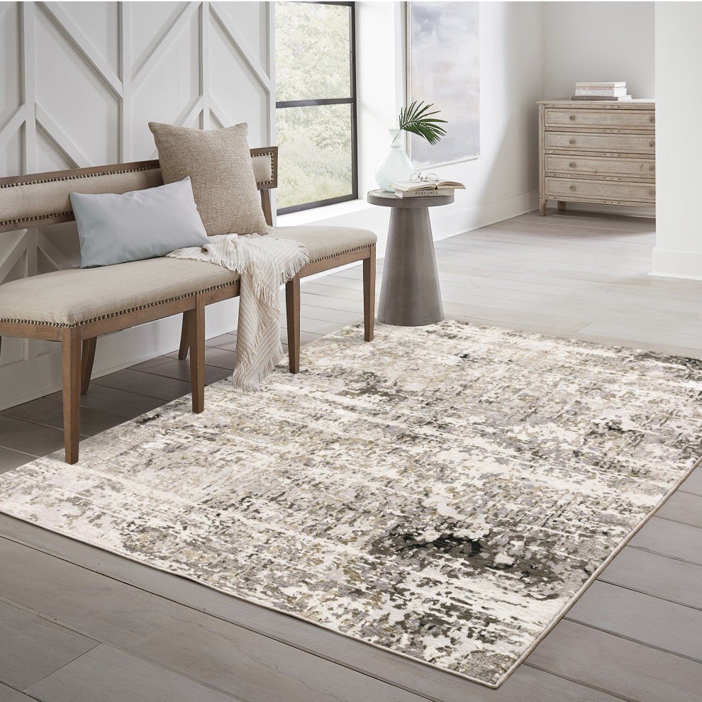 Noble Distressed Abstract Grey/ Ivory Indoor Area Rug, Grey, 3'3"x5'