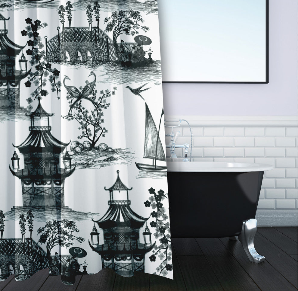 70"Wx73"L China Old Shower Curtain, Black