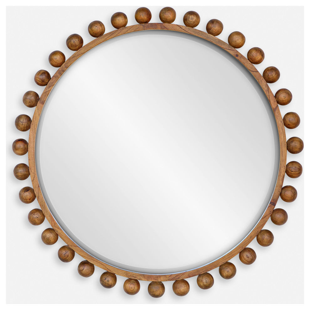 Cyra Wood Round Mirror, Walnut