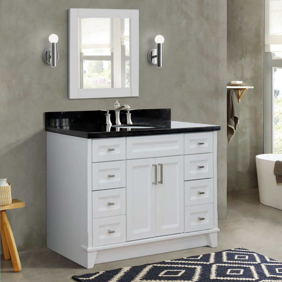49" Single Sink Vanity, White Finish With Black Galaxy Granite And Oval Sink