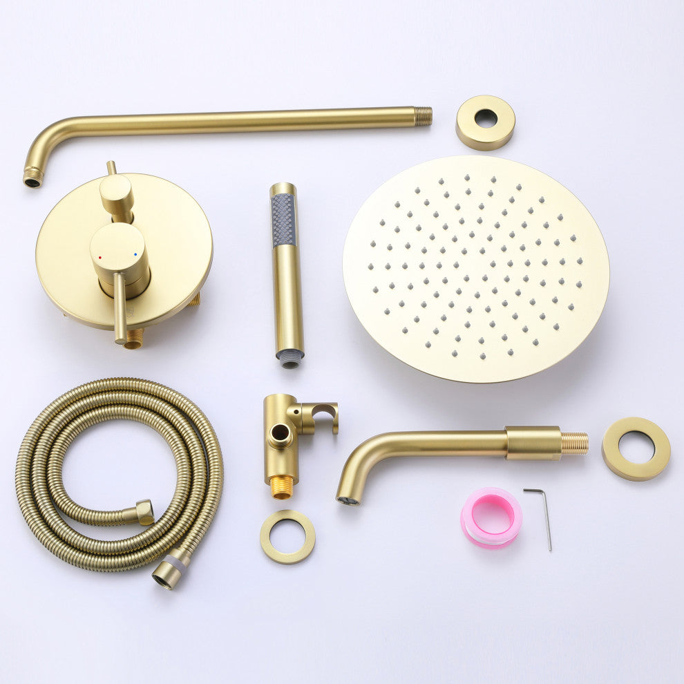 Tub Shower Faucet Set Complete Rain Shower System with Tub Spout, Brushed Gold