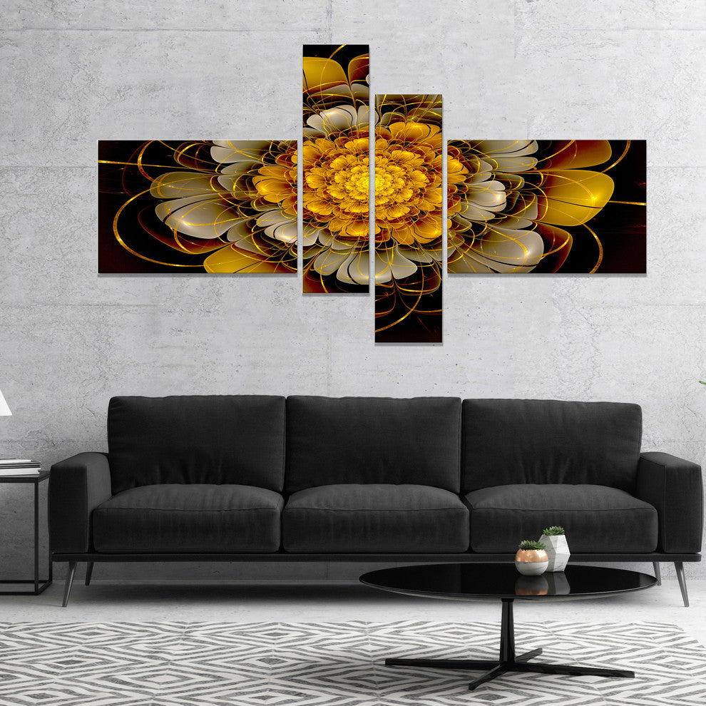 Dark Gold Fractal Flower, Abstract Print On Canvas, 60"x32", 4 panels