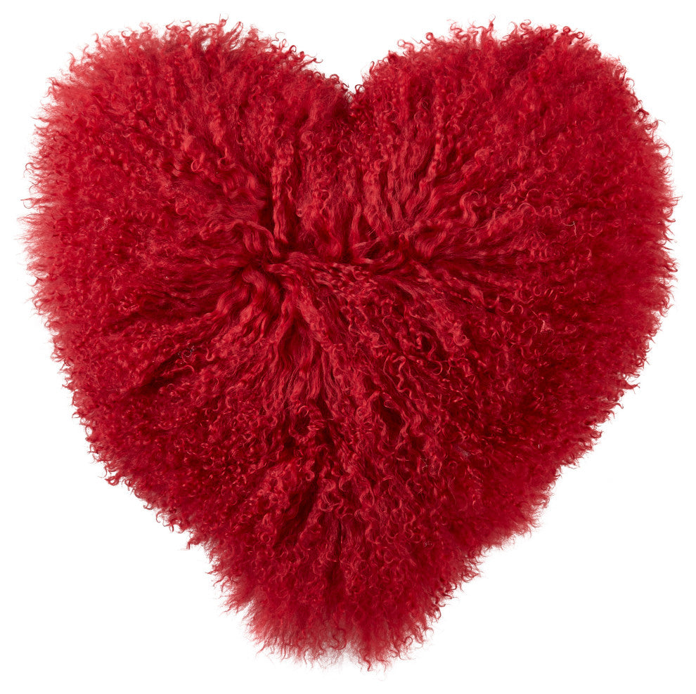 Fluffy Love Heart-Shaped Mongolian Lamb Fur Poly Filled Throw Pillow, Red