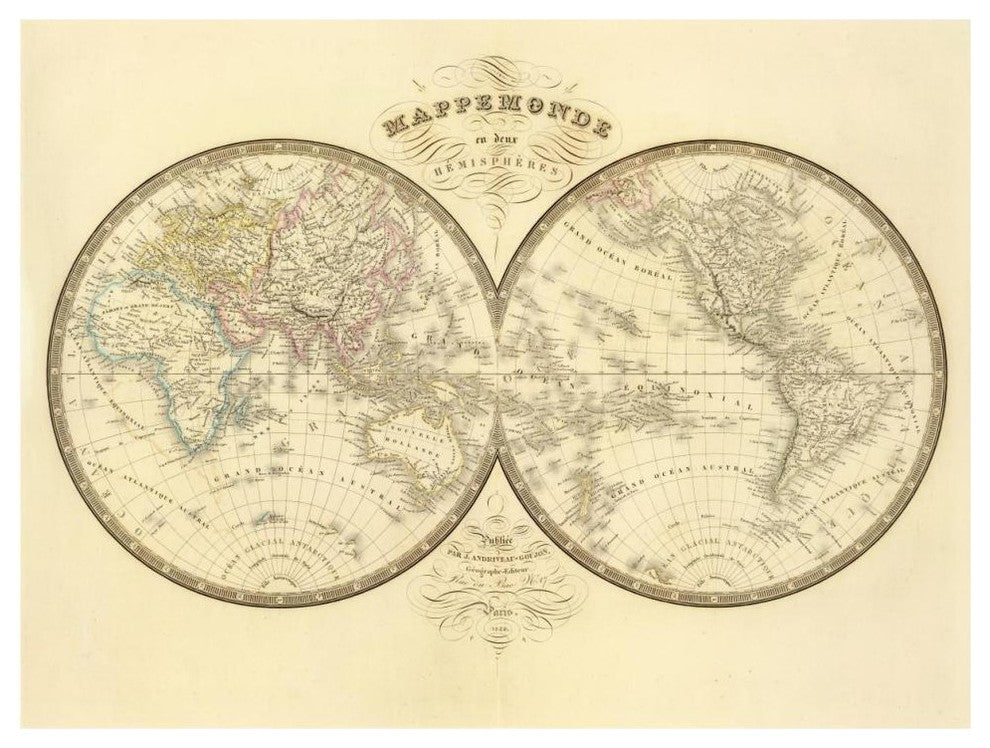 "Mappemonde, 1849" Digital Paper Print by J. Andriveau-Goujon, 46"x35"