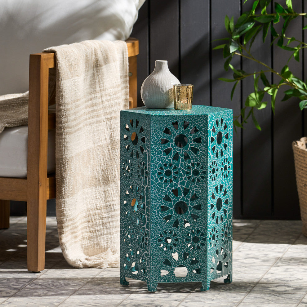 GDF Studio Elliot Outdoor 12" Crackle Sunburst Iron Side Table, Crackle Teal