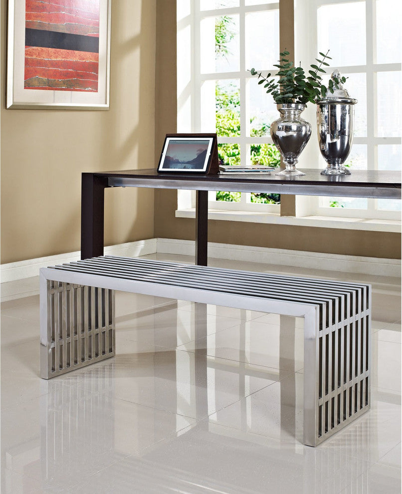 Modern Contemporary Living Room Large Metal Bench Silver