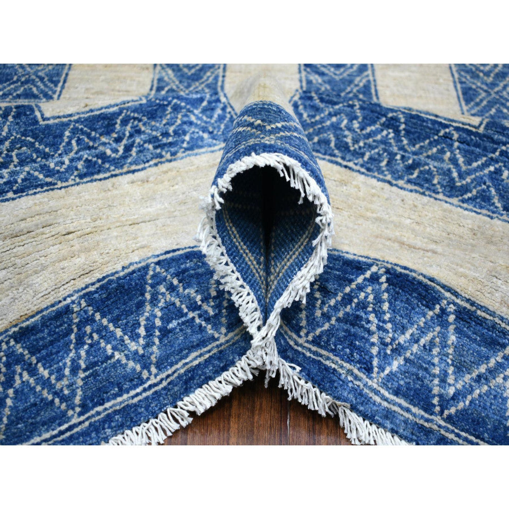 Denim Blue Maze Design With Berber Influence Hand Knotted Wool Rug, 9'2"x11'9"