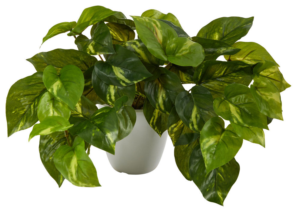 9" Pothos Artificial Plant, White Planter, Real Touch