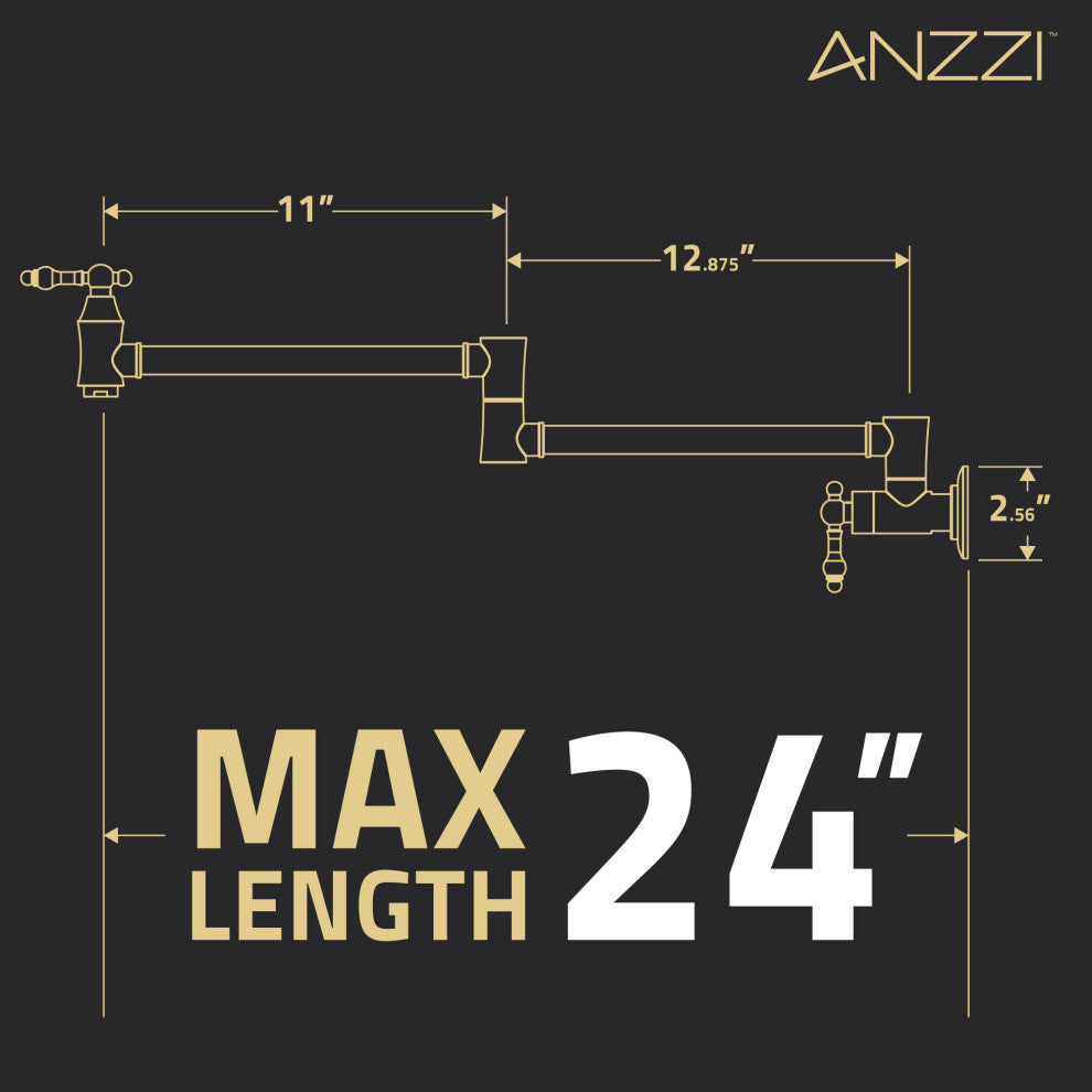 24" Wall Mounted Pot Filler With Dual Swivel, Matte Black and Brushed Gold