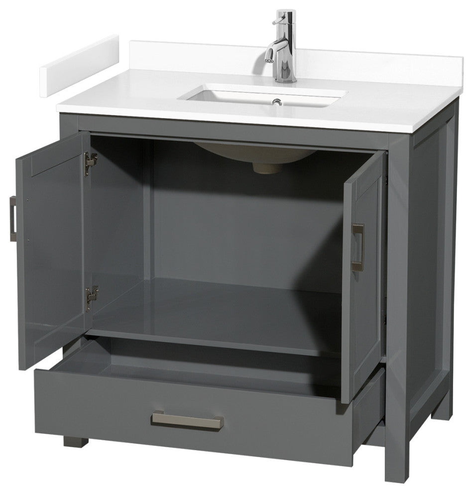 36" Single Bathroom Vanity, Dark Gray, White Cultured Marble Countertop, Sink