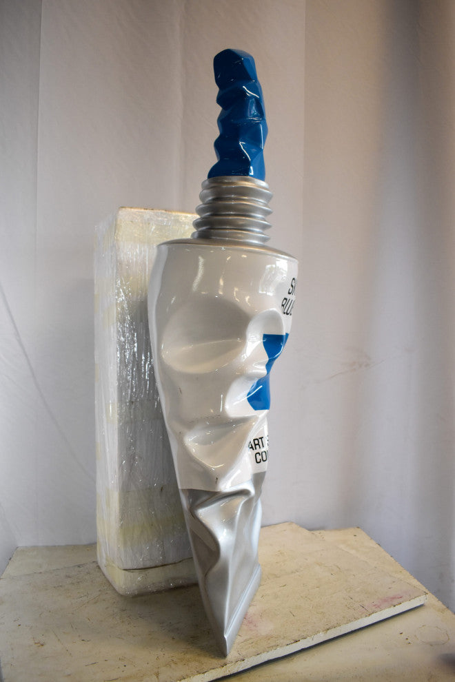 Oversized Wall Mounted Sky Blue Paint Tube Squezed Resin Statue 10" x 12" x 44
