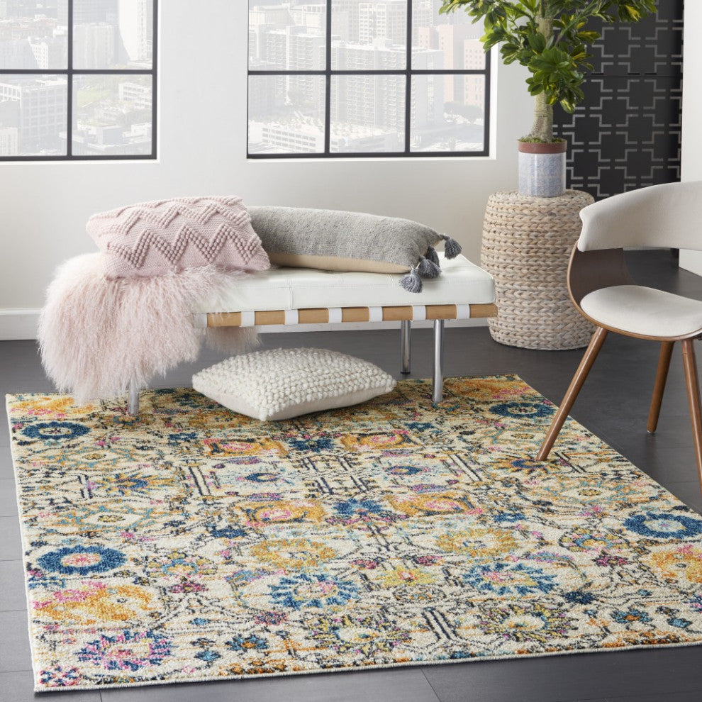 5' X 7' Orange And Ivory Floral Power Loom Area Rug