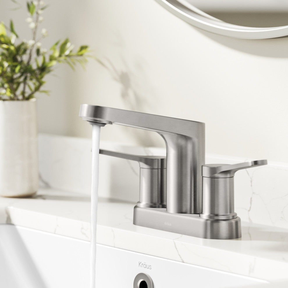 KRAUS Indy 2-Handle 3-Hole Centerset Bathroom Faucet Spot Free BN, PU Drain