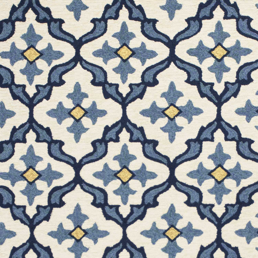 HomeRoots 5' x 7' Ivory or Blue Geometric Mosaic Indoor Outdoor Area Rug