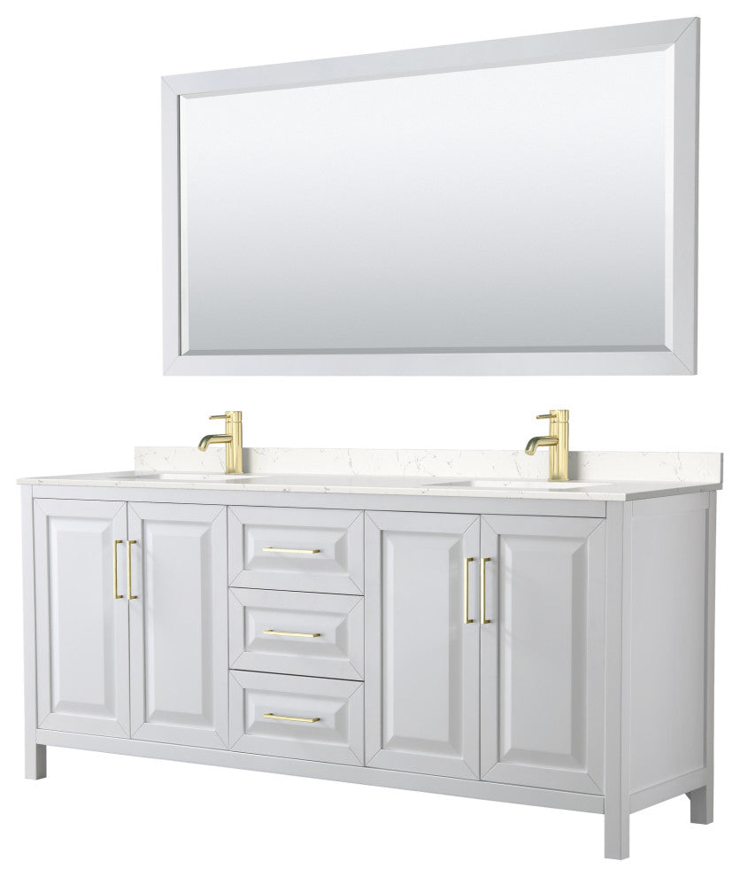 80"DBL Vanity White, Light-Vein Carrara Cult. Top, Sinks, 70"Mirror, Gold Trim