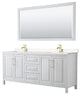 80"DBL Vanity White, Light-Vein Carrara Cult. Top, Sinks, 70"Mirror, Gold Trim