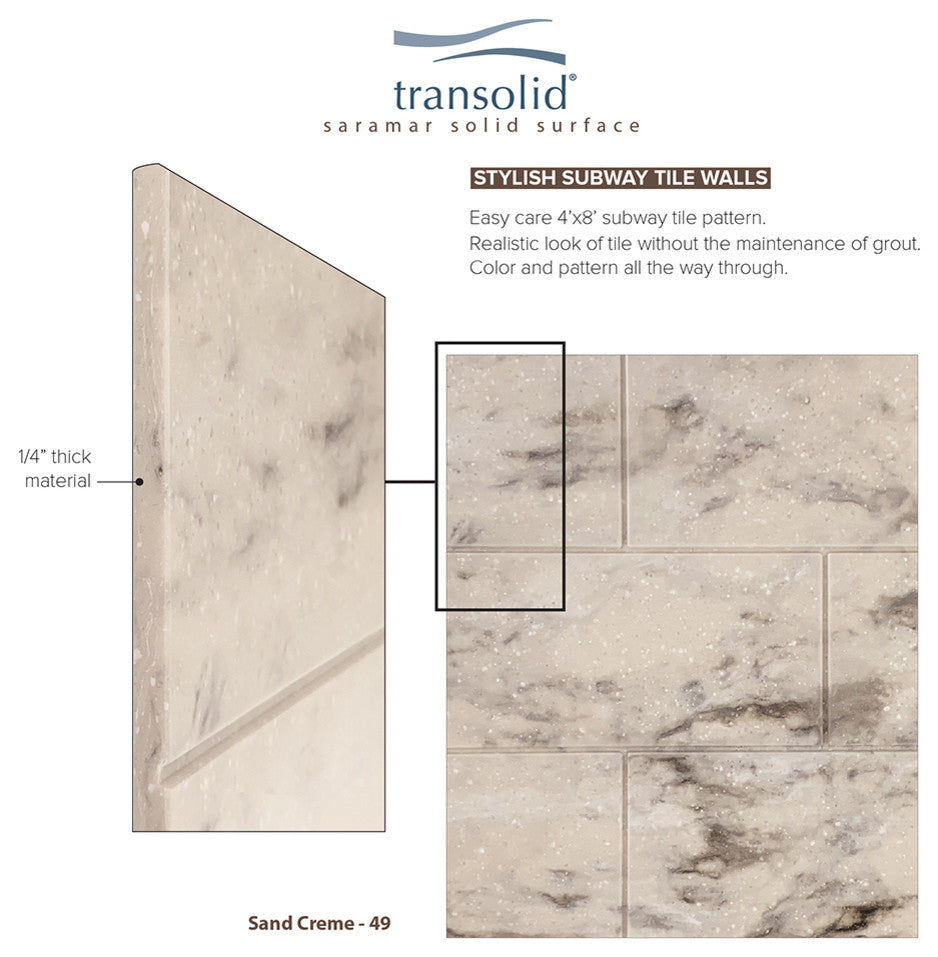 Transolid SaraMar 36"x36"x72" Glue to Wall 3-Piece Shower Wall Kit, Sand Creme