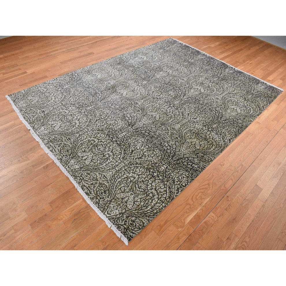 Jet Gray, Hand Knotted, Mughal Influence, Wool With Real Silk Rug, 8'8"x12'3"