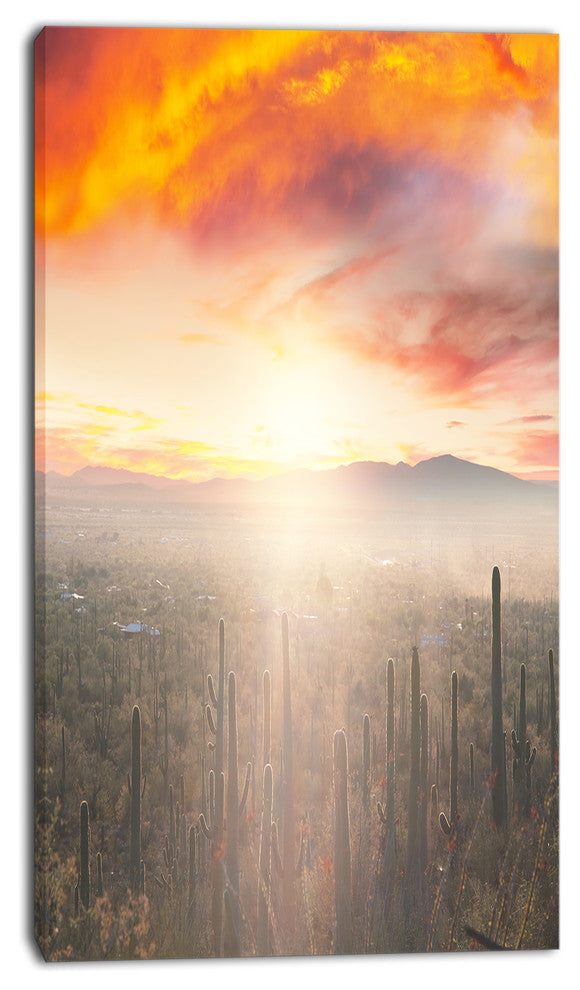 Saguaro Cactus At Colorful Sunset, Oversized Landscape Canvas Art, 16"x32"