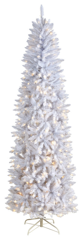 8' Slim White Artificial Christmas Tree With 400 White LED Lights, 1348 Branches