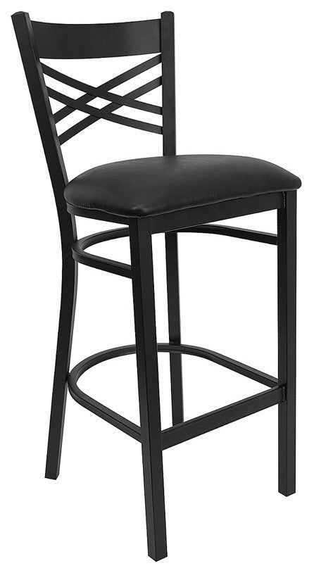 Black "X" Back Metal Restaurant Barstool, Black Vinyl Seat