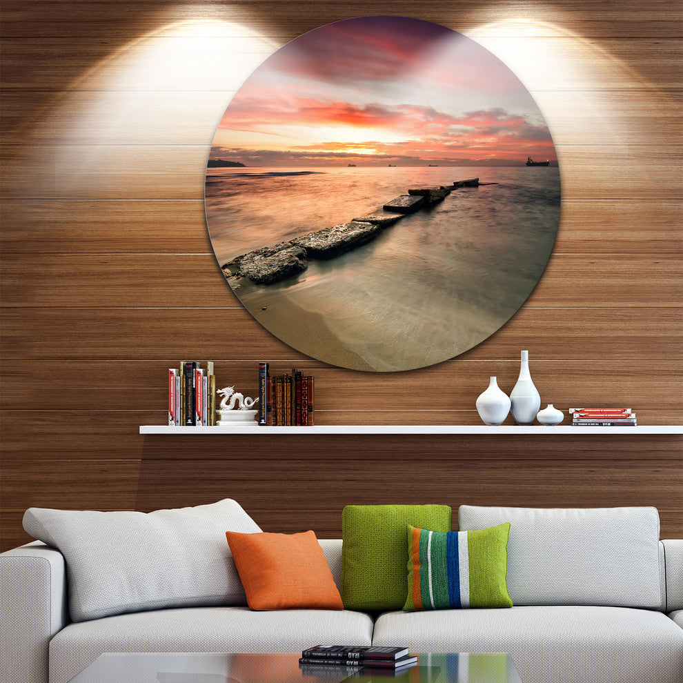 Wonderful Sunrise On Black Ocean, Beach Disc Metal Artwork, 11"