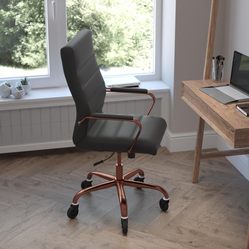 Whitney High Back Executive Swivel Office Chair with Black Frame & Arms, Black Leathersoft/Rose Gold Frame