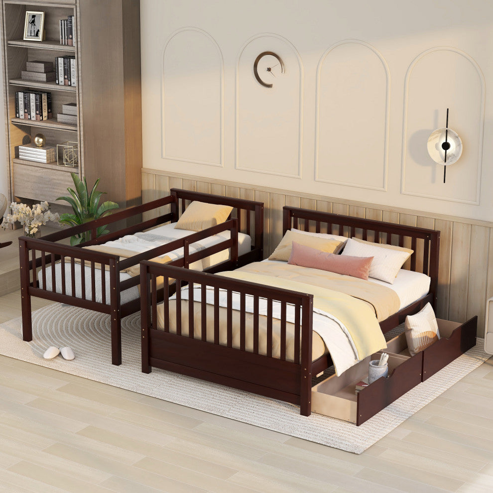 TATEUS Twin Over Full Bunk Bed With Storage Drawers Wood Bunked Bed, Espresso