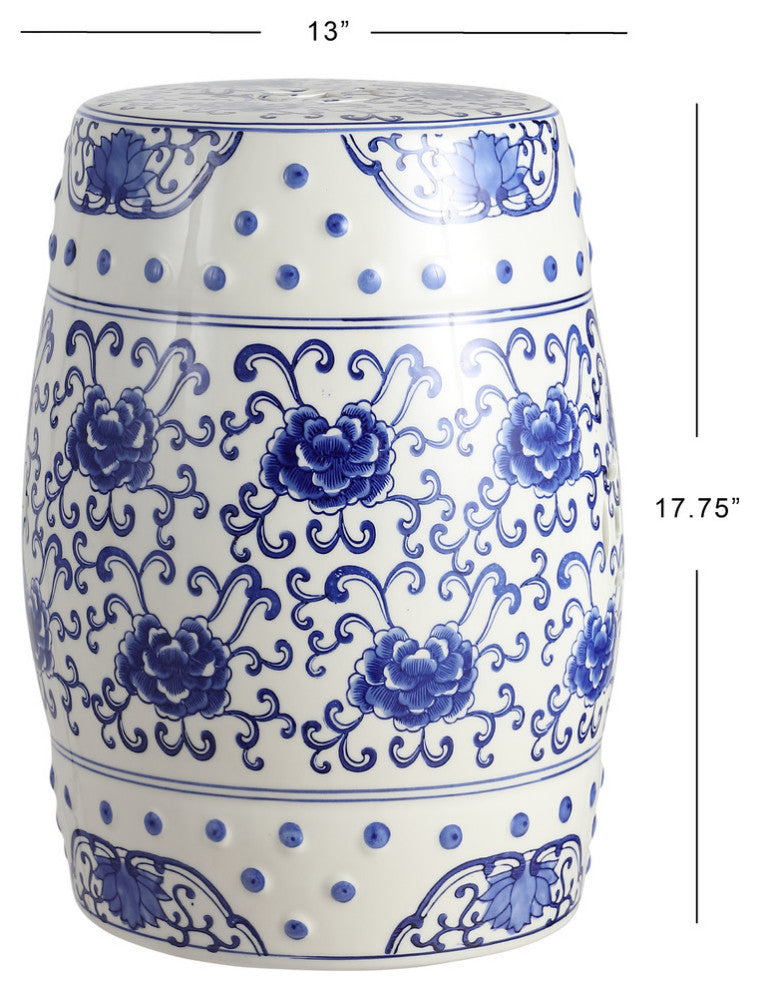 Lotus Flower 17.8" Ceramic Drum Garden Stool, Blue and White