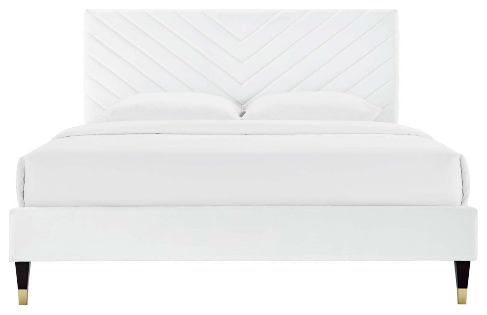 Platform Bed Frame, Queen Size, White, Velvet, Modern, Bedroom Guest Suite