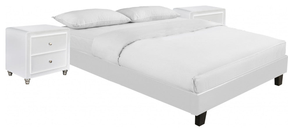 White Platform King Bed With Two Nightstands