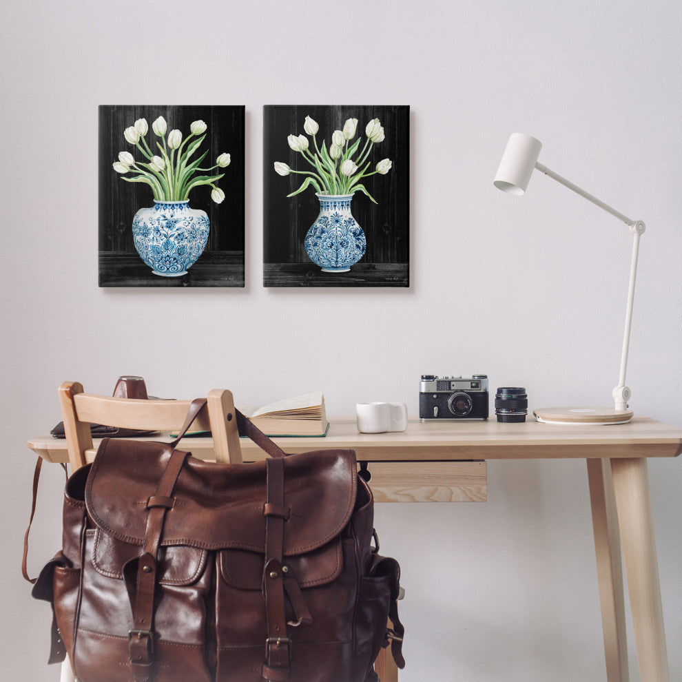 White Tulips Chinese Ceramic Urn Patterned Porcelain, 2pc, each 16 x 20