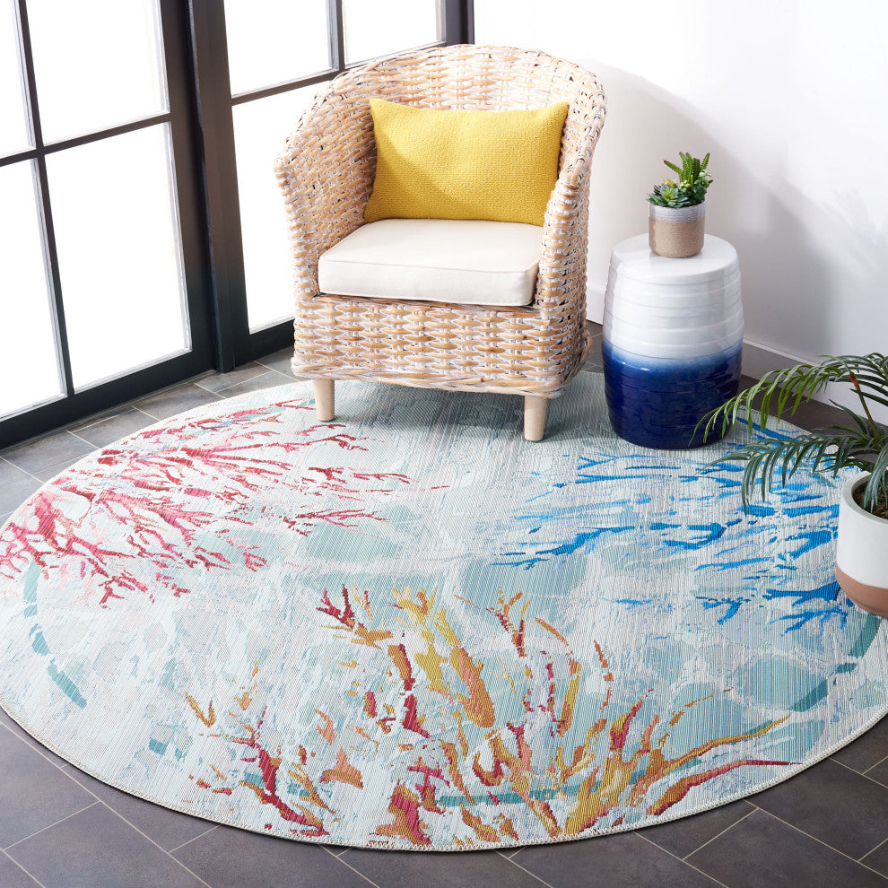 Safavieh Barbados Collection Indoor-Outdoor, BAR525 Rug, Teal/White, 5'3" Round