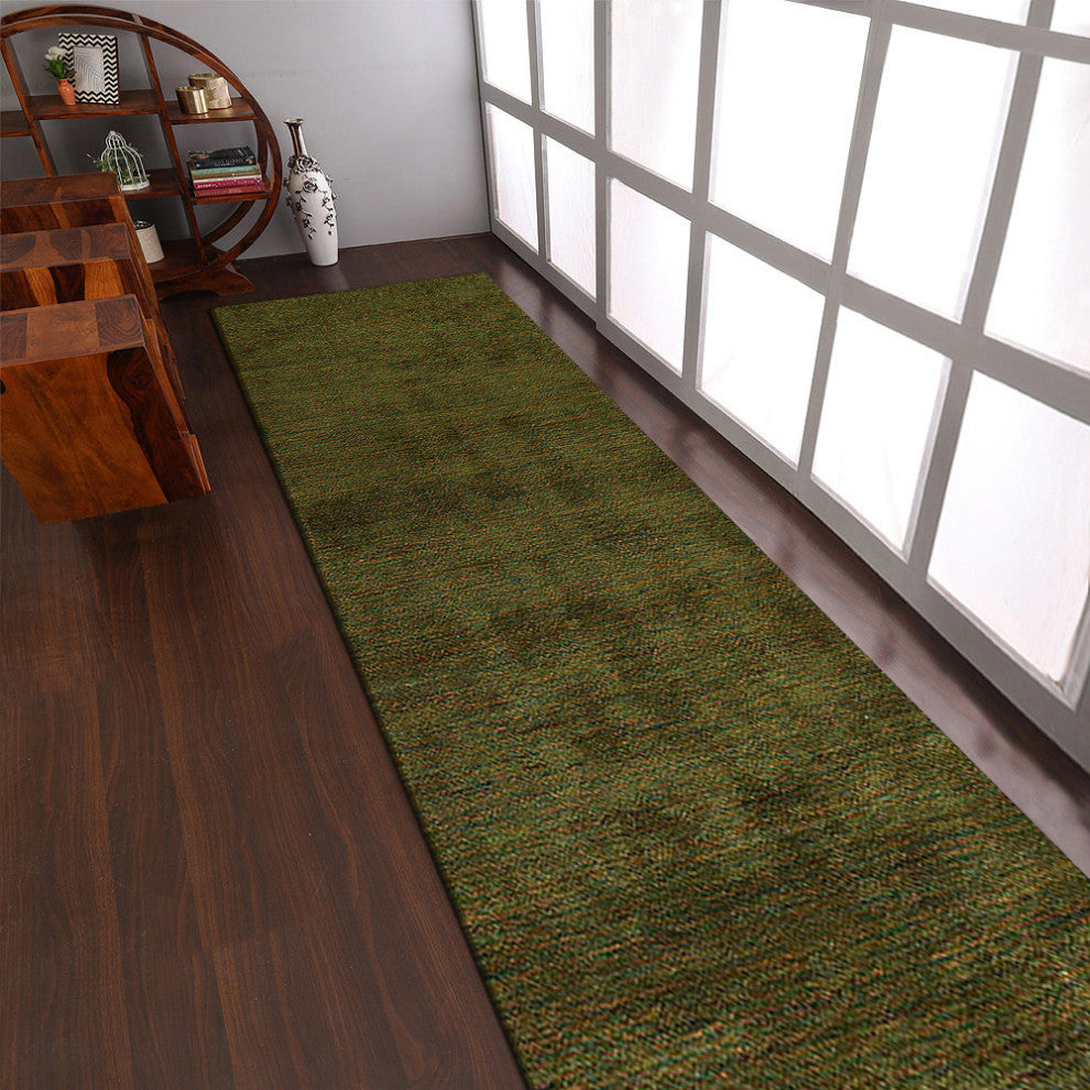 Hand Knotted Loom Silk Mix Area Rugs Solid Green Gold