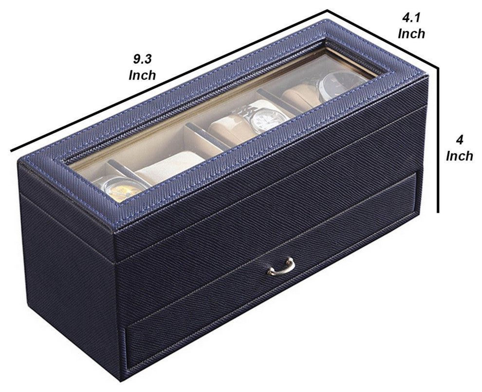 Benzara BM240949 Watch Case With Drawer Display and 4 Slots, Blue