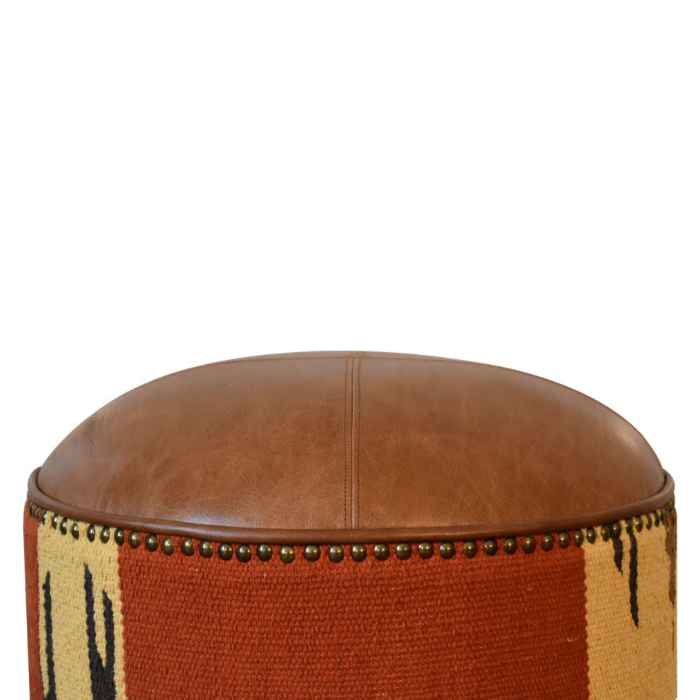 Durrie and Leather Mixed Footstool
