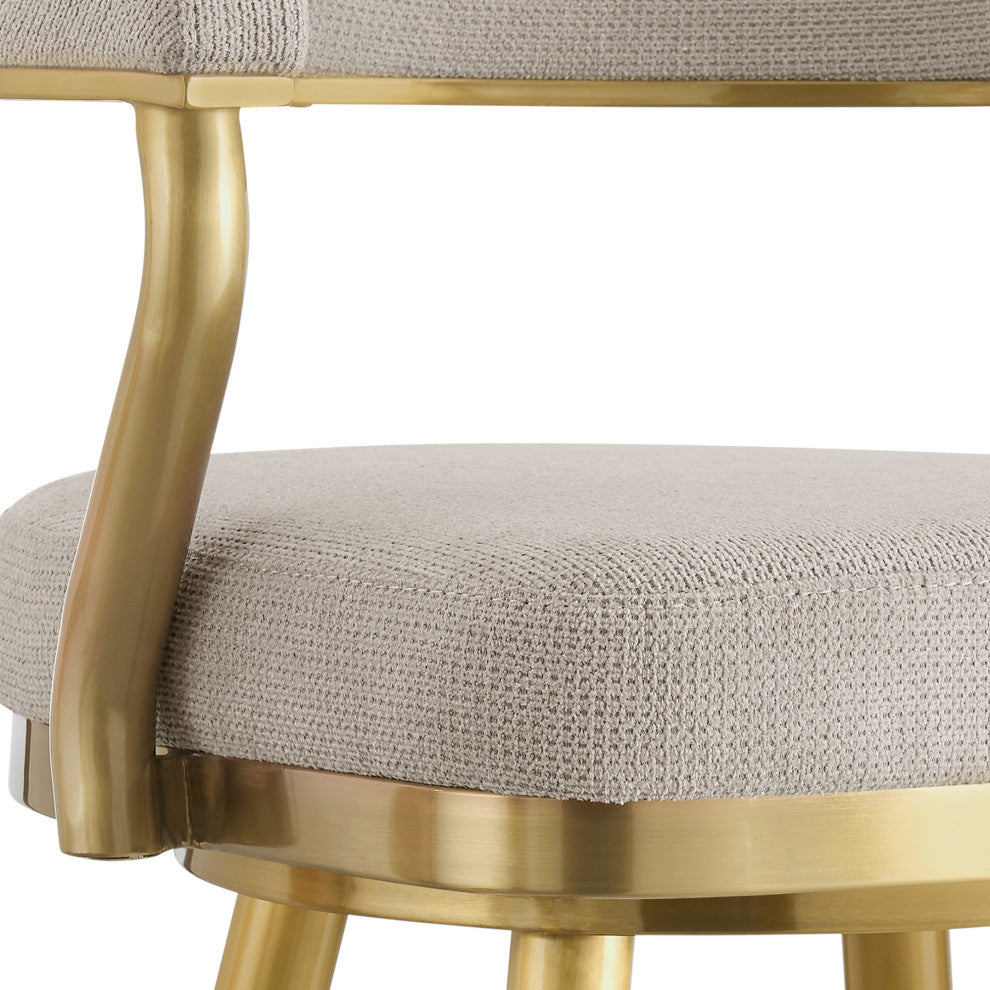 Justin 30" Swivel Bar Stool With Gold Brushed Stainless Steel and Taupe Fabric