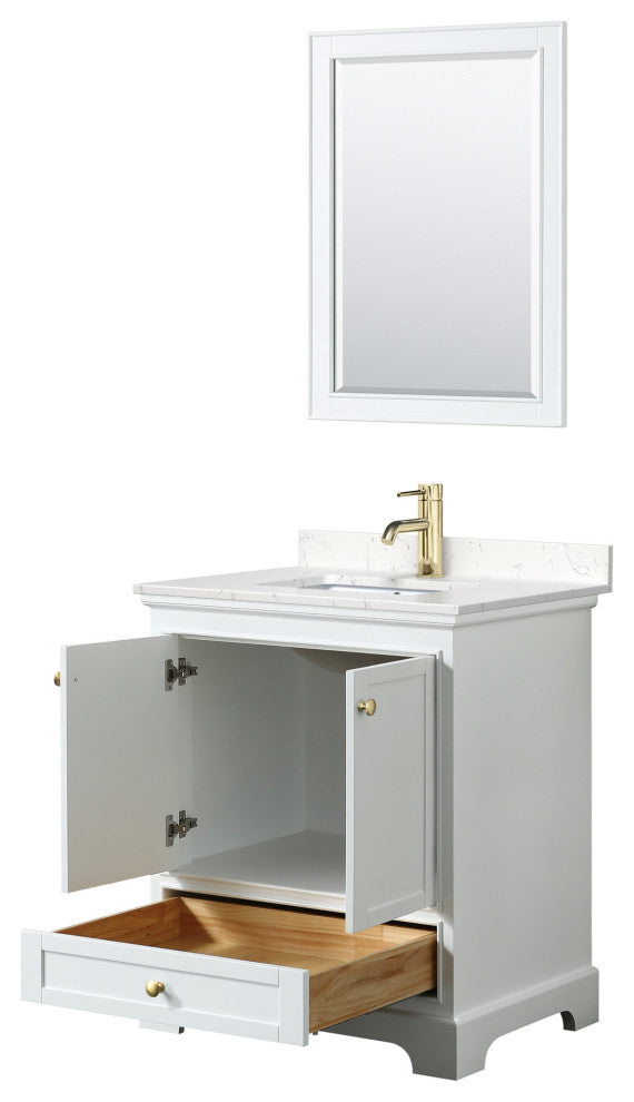 30"SGL Vanity White, Carrara Cult. Marble Countertop, Sink, Gold Trim, 24"Mirror