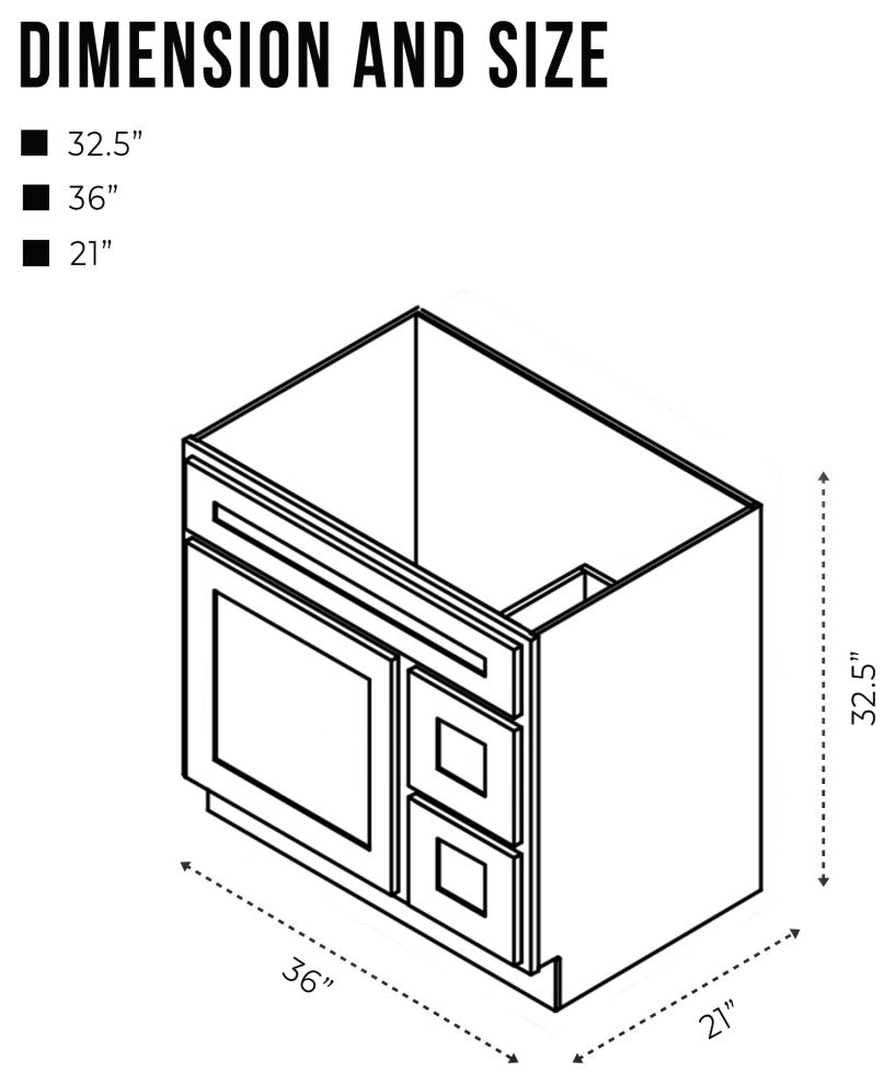 Vanity Art Vanity Base Cabinet, No Top, Drawers on Right, 36", Brown