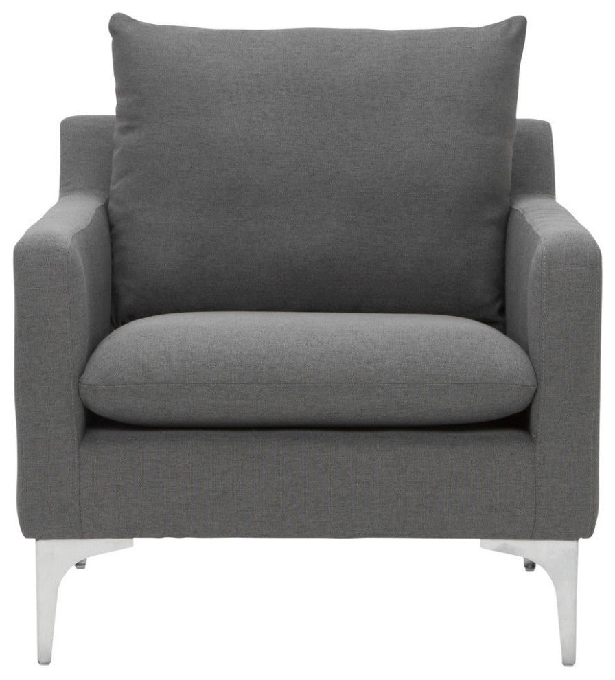 Anders Single Seat Armchair in Slate Grey Velour and Stainless Steel Legs