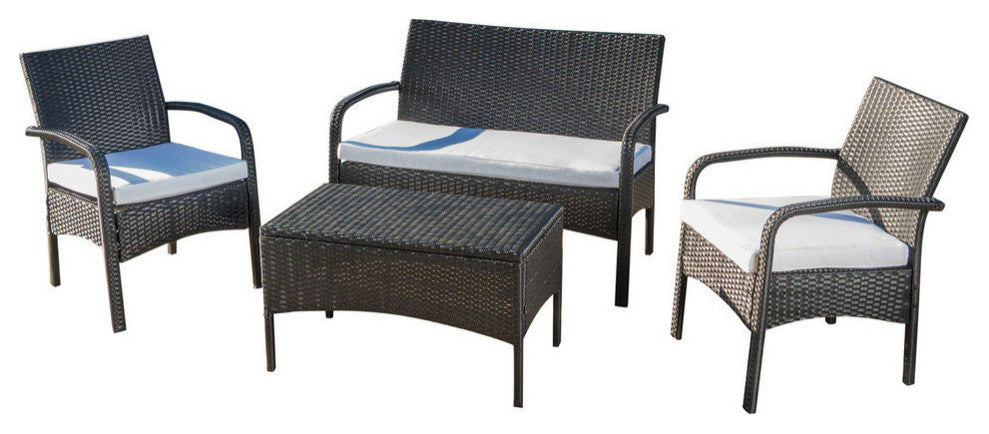 GDF Studio 4-Piece Clayton Outdoor Black Wicker Chat Set With White Cushion